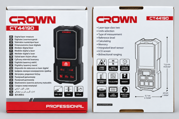 Boîte du télémètre laser CROWN CT44190 60 m, vues avant et arrière