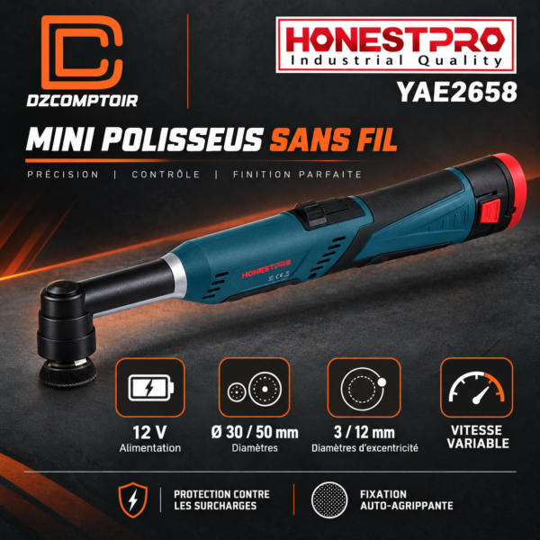Mini polisseuse de détail sans fil HONESTPRO YAE2658 — 12 V, Ø 30/50 mm
