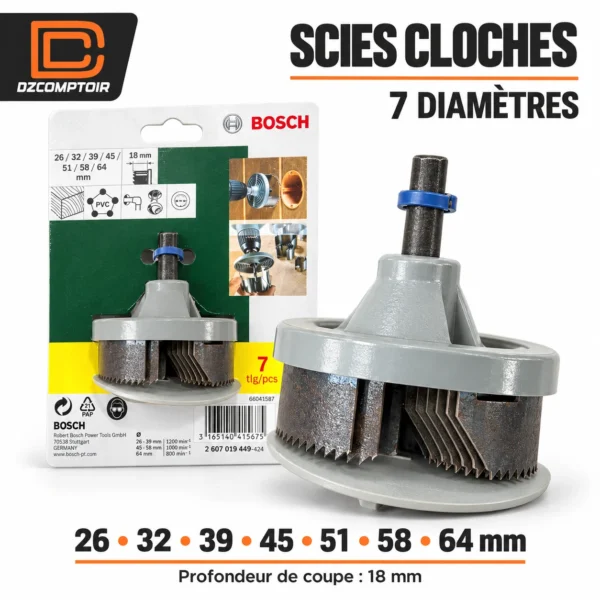 Jeu de 7 scies-cloches — Bois & PVC — Ø 26 à 64 mm