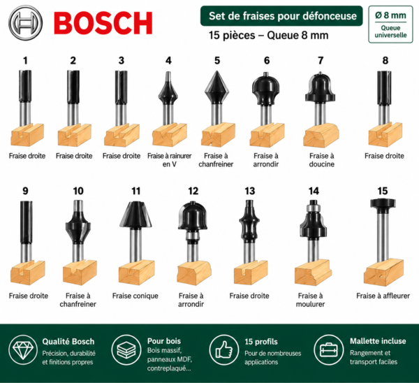 Profils des 15 fraises BOSCH pour défonceuse à queue de 8 mm