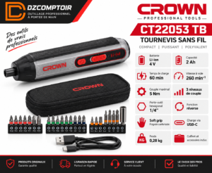 Tournevis CROWN CT22053 TB 4 V 2 Ah avec embouts, pochette et câble USB-C