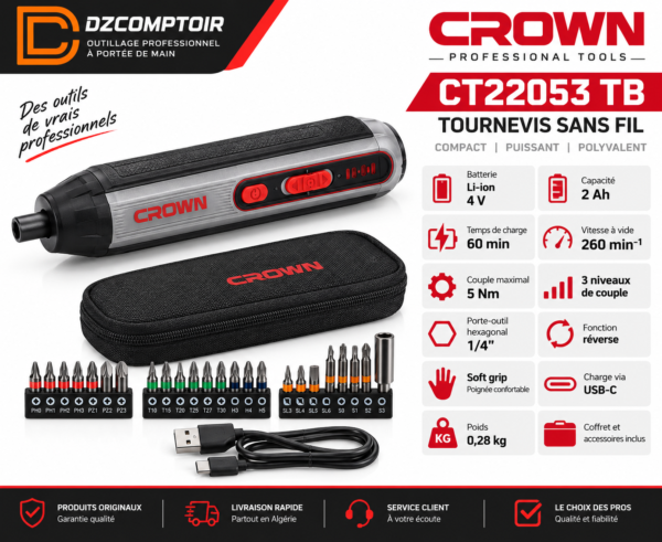 Tournevis CROWN CT22053 TB 4 V 2 Ah avec embouts, pochette et câble USB-C