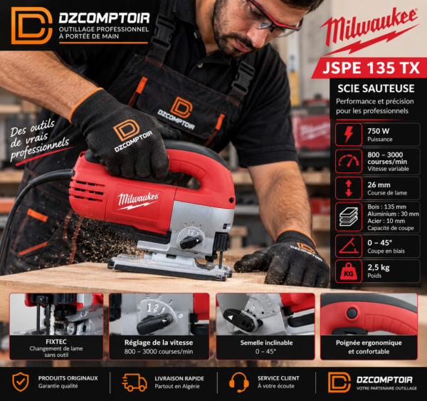 Milwaukee JSPE 135 TX – utilisation Scie sauteuse Milwaukee JSPE 135 TX en utilisation pour la découpe du bois