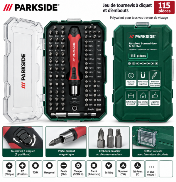 Coffret PARKSIDE 115 pièces : présentation des embouts et accessoires