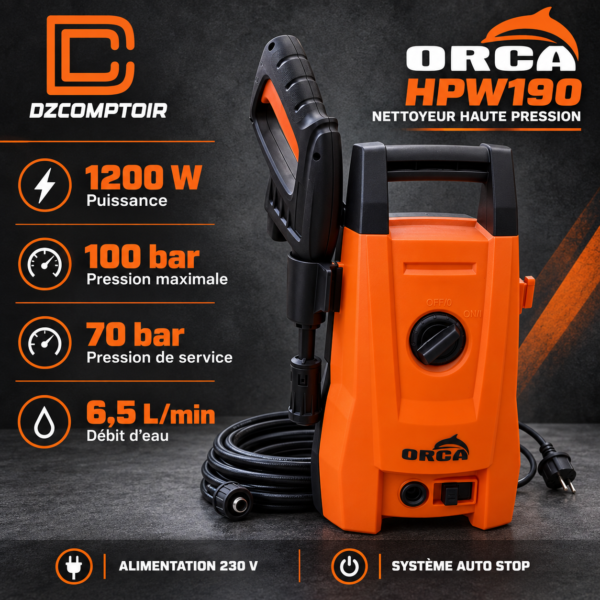 ORCA HPW190 – caractéristiques ORCA HPW190 – 1200 W, pression de service 70 bar, maximum 100 bar et débit 6,5 L/min