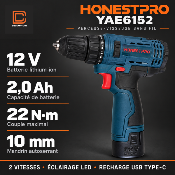 HONESTPRO YAE6152 – caractéristiques 12 V, 2,0 Ah, 22 Nm et mandrin 10 mm
