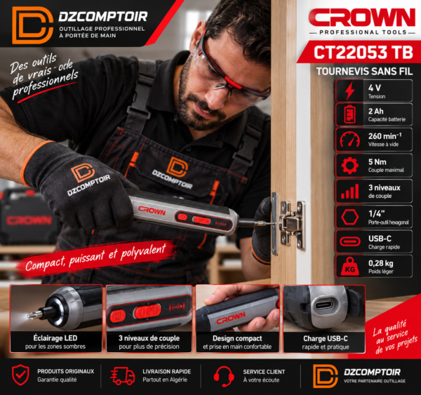 Tournevis sans fil CROWN CT22053 TB utilisé pour fixer une charnière de meuble