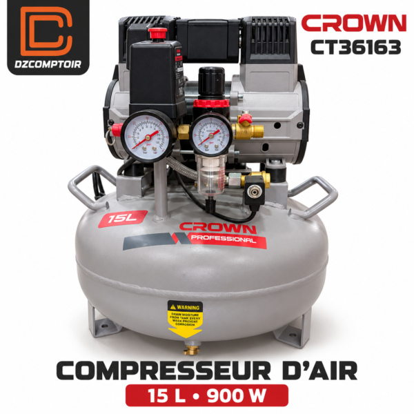 Compresseur d’air CROWN CT36163 avec cuve 15 L et moteur 900 W