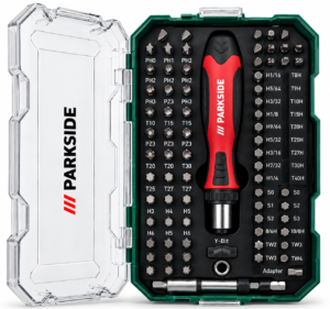 Coffret ouvert PARKSIDE 115 pièces avec tournevis à cliquet et embouts