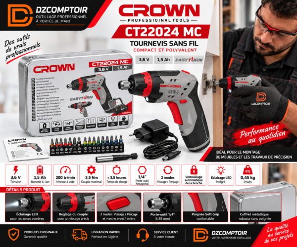 CROWN CT22024 MC – coffret et caractéristiques Coffret métallique CROWN CT22024 MC avec embouts, chargeur et caractéristiques techniques