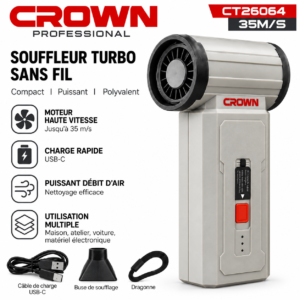 Souffleur turbo sans fil CROWN CT26064 35 m/s avec accessoires