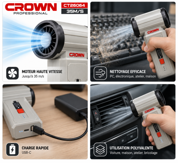 Utilisations et recharge USB-C du souffleur CROWN CT26064