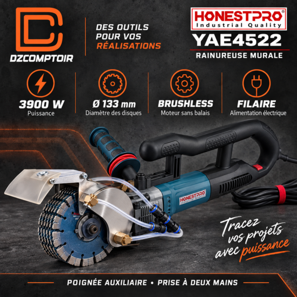 Rainureuse murale HONESTPRO YAE4522 — Brushless, 3900 W, Ø 133 mm
