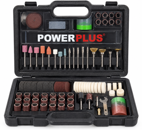 Coffret POWERPLUS POWE90600 ouvert avec 102 accessoires pour outil rotatif