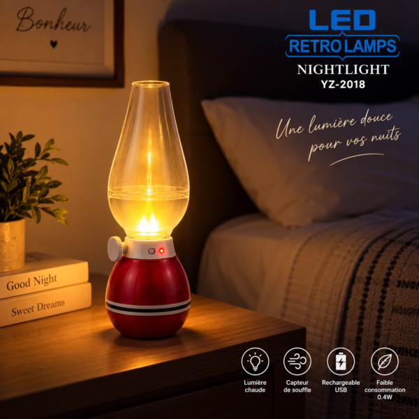 Veilleuse Retro Lamps YZ-2018 avec lumière chaude sur une table de chevet
