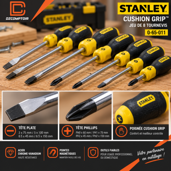 Jeu de 8 tournevis STANLEY Cushion Grip – Plats & Phillips – 0-65-011